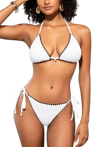 Image of SHEKINI Women Triangle Bikini Sets 2 Pieces Halter Neck Swimming Costume Low Waisted Sexy Tanga Swimsuits,White-S