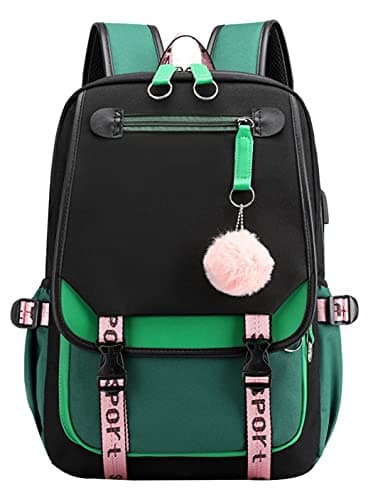 Image of SellerFun Teenage girls' Backpack Middle School Students Bookbag Outdoor Daypack With USB charge Port (4# Green Black, 21 Liters)