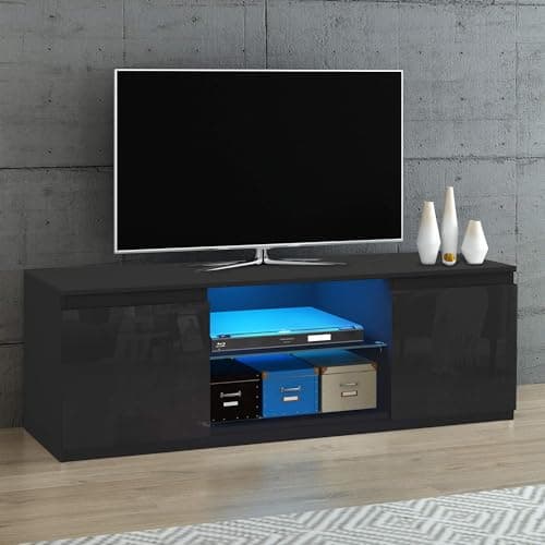 Image of Panana LED TV Unit Stand Cabinet for 55 Inch TV, Modern High Gloss Front TV Cabinet with RGB LED Lights, 2 Door Storage Sideboard for Living Room (Black)