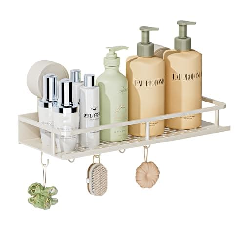 Image of Wisfame Shower Caddy Suction Cup,Drill-Free Rustproof Waterproof Bathroom Wall Shelf with Hooks,Removable Shower Storage Organizer for Shampoo Conditioner Soap - White