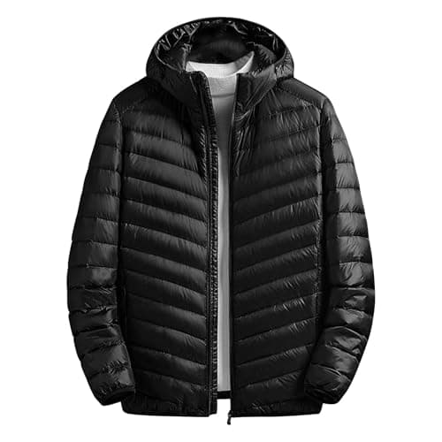 Image of Men's Ultra Lightweight Packable Down Jacket - Hooded Slim Fit Vertical Quilt, Water-Resistant Travel-Friendly, Winter Warm Padded Outdoor Outerwear