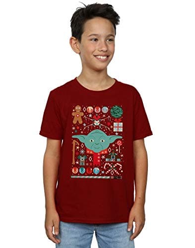 Image of Star Wars Boys Yoda Christmas T-Shirt Burgundy 5-6 Years