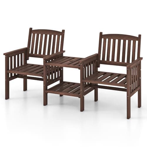 Image of COSTWAY 2-Seater Garden Loveseat, Wooden Bench Seat with 2 Tier Coffee Table and Umbrella Hole, Outdoor Twin Patio Chairs Conversation Furniture Set (Brown, 165 x 60 x 88cm, without Cushions)