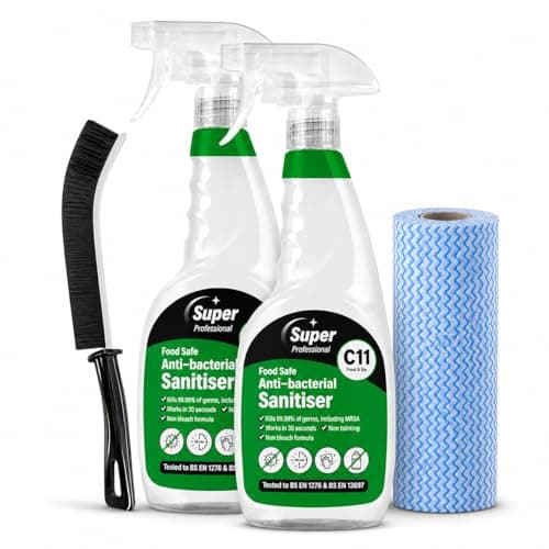 Image of Food Safe Antibacterial Spray 2 x 750ml C11 Super Professional Sanitiser BS EN 1276 Kitchen Surface Cleaner Spray 30 Sec Action with Cleaning Cloth Roll and Crevice Brush Kit