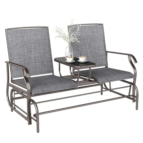 Image of Outsunny 2 Seats Garden Glider Bench, Metal Frame Loveseat with Glass Top Centre Table, Porch Rocking Glider for 2 Person, for Deck, Patio, Brown/Grey
