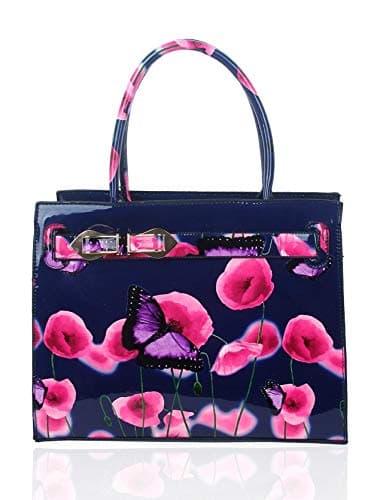Image of Women's High Quality Patent Leather Large Floral Butterfly Tote Hobo Handbag Shoulder Bag (Blue 1)