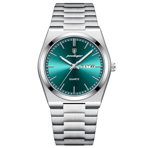 Image of Poedagar Quartz Man Wristwatch Waterproof Luminous Date Week Men Fashion Business Classic Watches Stainless Steel Men's Watch (Silver Green)
