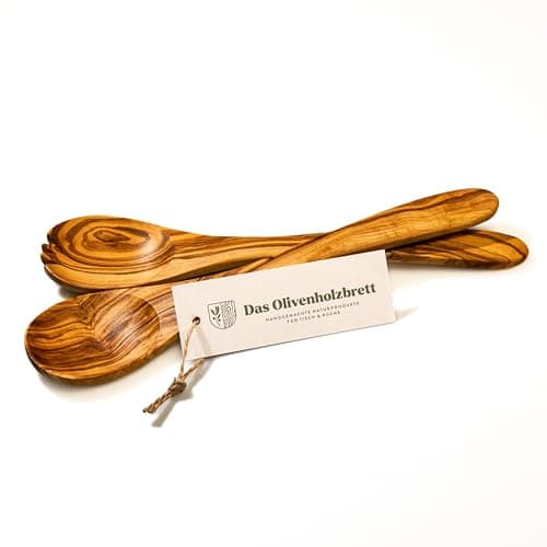 Image of das Olivenholzbrett ® Salad Servers Olive Wood / Serving Cutlery Set with Short Prongs / 30 cm