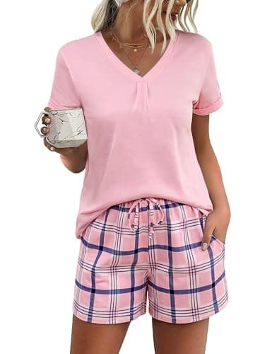 Image of Jezonga Ladies Pyjamas Sets Short Sleeve Soft Pjs Loungewear Sleepwear V-Neck Top and Plaid Shorts Nightwear with Pockets B-Pink, XXL