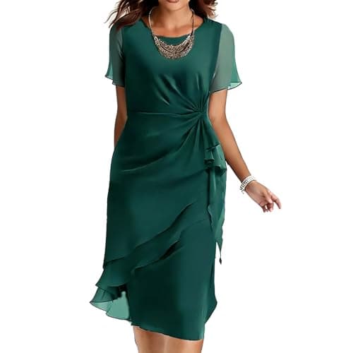 Image of Zeiayuas Evening Dresses for Women UK Chiffon Wedding Bridesmaid Midi Dress Sexy Party Dress Ruffle Short Sleeve Cocktail Clubwear Bandage Prom Ball Gowns Ladies Green