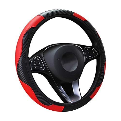 Image of LMYDIDO Car Steering Wheel Cover Leather, Anti-slip Breathable Carbon Fiber Sports Elastic Band Without Inner Ring Steering Wheel Cover Universal Size 37-39cm /14.5-15inch (Red)