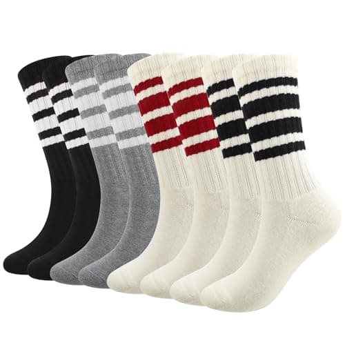 Image of Partideal 4 Pairs Crew Sport Socks Women Men Striped Crew Socks, Retro Athletic Socks Casual Cotton Socks for Women Men