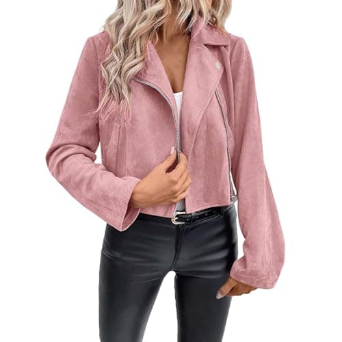 Image of Women Vintage Faux Suede Jacket Zip Up Moto Biker Coat Classic Plain Motorcycle Jackets Western Casual Bomber Jacket Turn Down Collar Motorbike Outwear Ladies Short Coats Streetwear