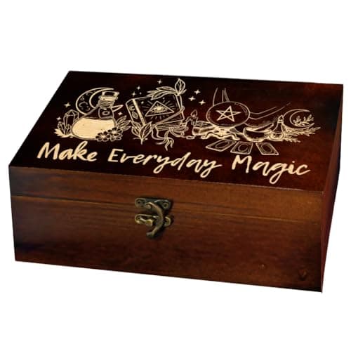 Image of arricraft 1 Pc Wooden Memory Keepsake Box, Moon Flowers Grimoires Crystal Balls Tarot Cards Engraved Pattern Rectangle Pine Tarot Box for Anniversary Jewelry Board Storage (9.45x5.51x3.54 Inch)