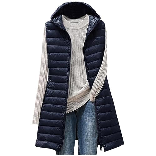 Image of TURWXGSO Womens Gilets Hooded Quilted Gilet Vest Ladies Body Warmer Zip Up Slim Fit Mid Length Hooded Jackets Sleeveless Waistcoat Padded Gilet Puffer Down Vest Autumn Winter Warm Outerwear