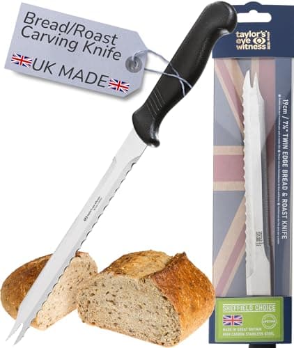 Image of Taylors Eye Witness Sheffield Made Bread & Roast Carving Knife - 19cm Double Edged Blade with Serving Prongs. Multi Use Kitchen Knife with Fine Precision Ground Razor Blade Steel & Fibre Feel Handle