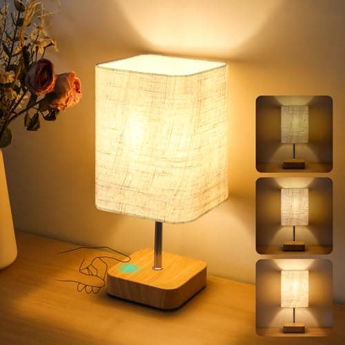 Image of Totofac Touch Bedside Table Lamp, Dimmable Touch Control Nightstand Lamps,Small Lamp Wood Base Beige Flaxen Fabric Shade for Bedroom,Living Room,Office,Dimmable Bulb Included (1, Wood)
