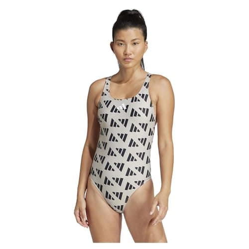 Image of adidas Women's Logo Graphic V-Back Swimsuit Swimwear, WONBEI/Black, 42