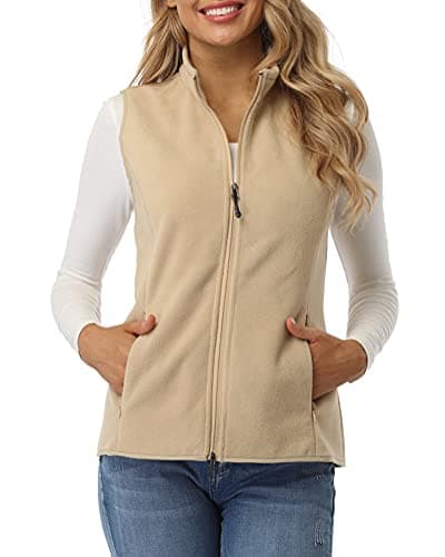 Image of fuinloth Women's Fleece Gilet, Polar Soft Sleeveless Classic Fit Bodywarmer Vest with Zip up Pockets Khaki Large
