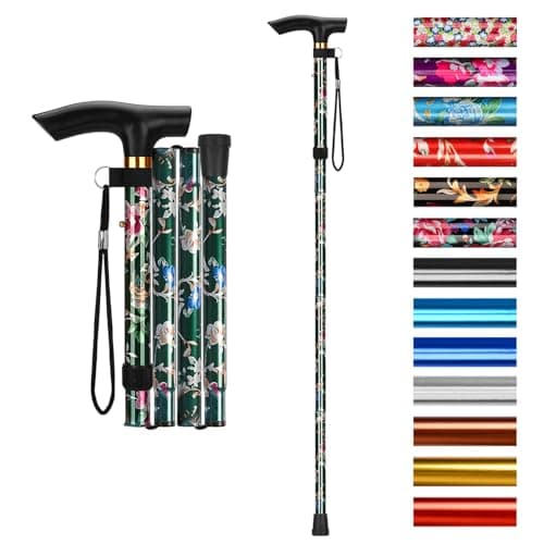 Image of supregear Walking Stick - Adjustable Folding Walking Sticks for Women and Men - Lightweight Portable Collapsible Balancing Aid - Foldable Travel Cane for Ladies Elderly Adults, Green Floral