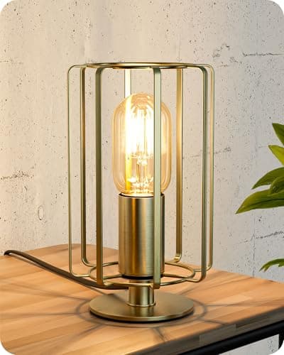 Image of EDISHINE Table Lamp, E27 Socket & LED Bulb Included, 21.5CM, 2400K Bedside Lamp with Bronze Cylindrical Flat Iron Cage Lampshade for Bedroom, Living Room