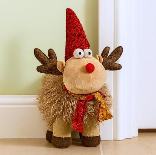 Image of Marco Paul 38cm Christmas Reindeer Ornament - Freestanding Weighted Plush Deer with Sequin Santa Hat - Novelty Christmas Decorations For Decorative Door Stop, Home Decor, Centrepiece & Gift Idea