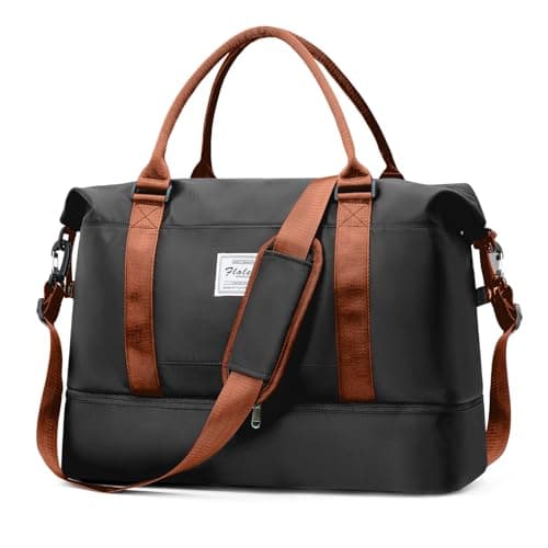 Image of Large Weekend Overnight Bag Carry on Holdall for Women Travel Duffel Sport Gym Tote Mum Hospital Bags with Shoe Compartment 50L,A09-Black-Brown