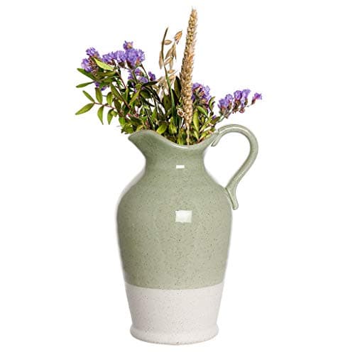 Image of Flower Vase Ceramic Pitcher Jug Decorative Two Tone Green & White Floral Display Vase Decor Gift