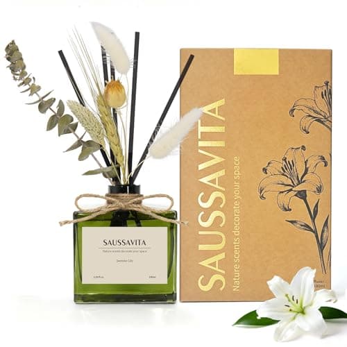 Image of Saussavita Reed Diffuser, 180ml Jasmine Lily Scented Diffuser with Dried Flowers & 7 Sticks, 120 Days Long Lasting Home Fragrance for Bathroom Bedroom Home & Office Decor, Air Freshener