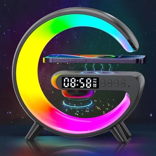 Image of Voncerus Wireless Speaker, G Shape Table Lamp,Atmosphere Night Light with Wireless Charging Function, Bedside Lamp with Alarm Clock & Charging Function,Gifts