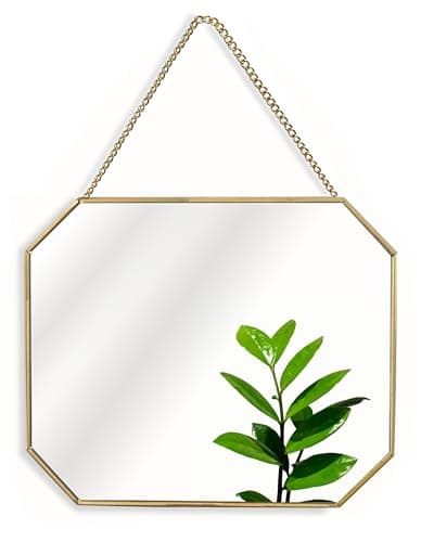 Image of GreyZouq Rectangular Gold Metal Framed Mirror 30cm in landscape with Hanging Chain - Stylish Decor for Living Room, Kitchen, Bedroom, Bathroom, and Hallway. Vintage and contemporary