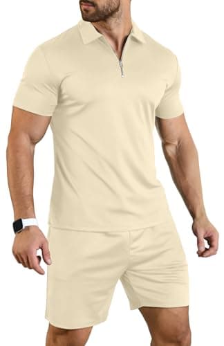 Image of KUYIGO Mens Short Sleeve Casual Polo Shirt and Shorts Sets Two Piece Summer Outfits Zip Polo Tracksuit Set for Men XXL Beige