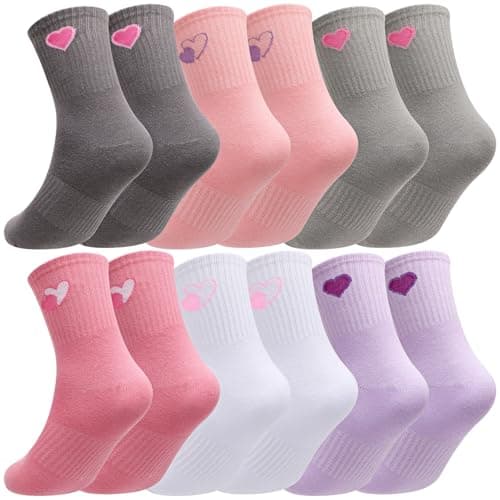 Image of Zuimei 6 Pairs Kids Socks Girls Cotton Sports Socks,Crew Athletic Sock with Hearts Casual Stretchy Sock for Girls and Boys 6-9 Years (Colorful Hearts)