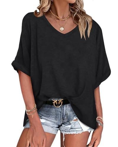 Image of WNEEDU T Shirts for Women UK Oversized Ladies Tops V Neck Short Sleeve Summer Loose Tshirts with Rolled Sleeve Black 3XL