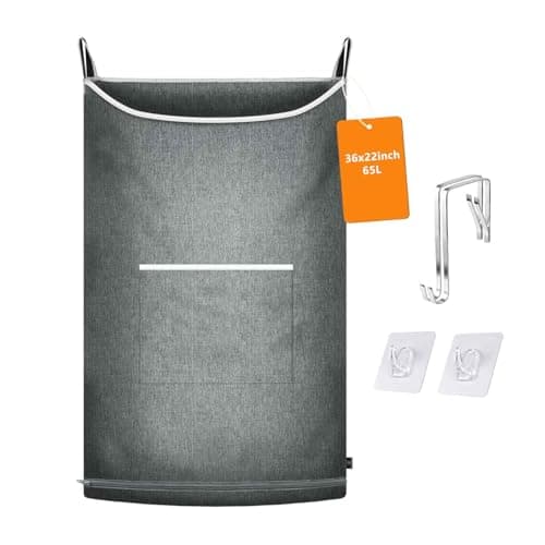 Image of KINGSUSLAY Hanging on Laundry Bag, Collapsible Hanging Washing Basket,X-Large Capacity Door Hanging Laundry Bag and Door Laundry Basket for Dirty Laundry(89 x 56CM, Mid Heather Grey)