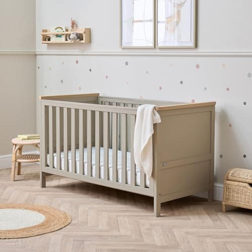 Image of Tutti Bambini Misha Baby Cot Bed (0-6+ yrs) 140x70cm - 3-in-1 Newborn Cot, Toddler Bed & Toddler Sofa with 3 Mattress Height Levels, 46kg, (Mushroom & Golden Oak)
