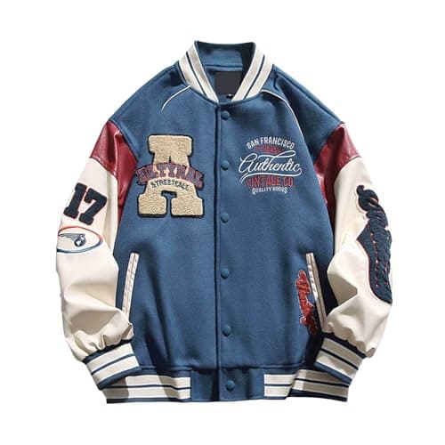 Image of Men Varsity Jacket Color Block Letter Print College Baseball Jackets Vintage Outwear with Pockets Unisex Coat Patchwork Top Fall Bomber Biker Jacket Outwear Blue