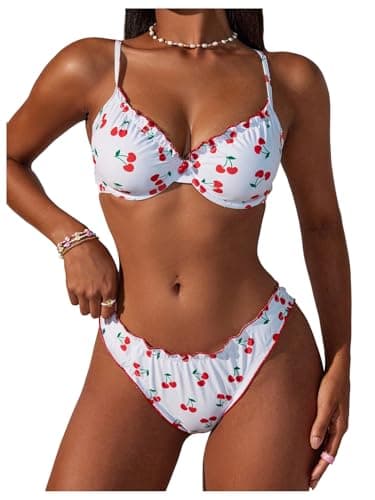 Image of GORGLITTER Women's Push Up Underwire Swimwear Cherry Print 2 Piece Cute Bikini Set Contrast Binding Beach Swimsuits Red and White Medium