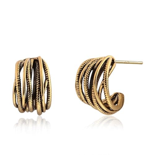 Image of Weviway 14K Gold Plated Chunky Twisted Earrings Gold Stud Earrings Vintage Earrings Hypoallergenic Handmade Earrings Gold Jewellery Gifts for Women