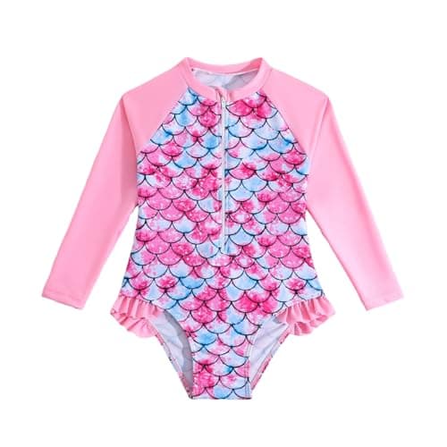 Image of LYZOURBB Little Girls Long Sleeve Swimsuit Zipper Rash Guard One Piece Bathing Suits UPF 50+ Sun Protection Swimwear 3-8 Years Pink