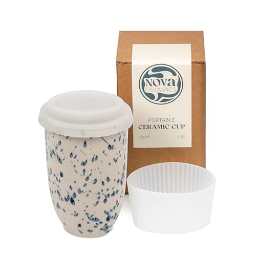 Image of NOVA CERAMICS Travel Mug - Travel Size Mug – Reusable Coffee Mug Unique to Go Mug – Microwave & Dishwasher Safe Coffee White & Blue Tumbler - Gifts for Women Men Him Her – 12oz – Orchid