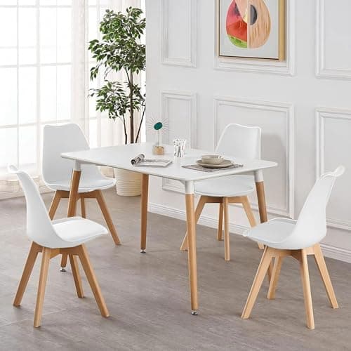 Image of JupiterJX Dining Table And Chairs Set 4, Modern Design Tulip Retro Lounge Chair And Rectangular Kitchen Table With Solid Wooden Legs, Complete Dining Set Living Room (White Table + 4 White Chairs)