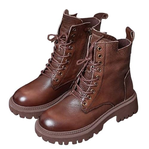 Image of Women's Comfortable Chunky Mid Calf Boots, Stylish and Waterproof Slip Resistant Biker Combat Ankle Booties with Lace-Up Zipper Design (Brown, 5)
