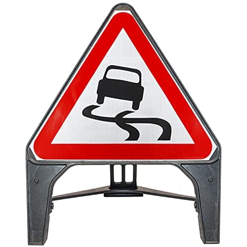 Image of Slippery Road 750mm Triangle Road Sign 557- Plastic Temporary Road Street Traffic Safety Sign for Road and Street Works - Freestanding with Reflective Sign Face