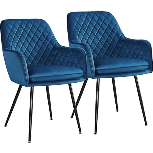 Image of Yaheetech Set of 2 Velvet Dining Chairs Fabric Upholstered Kitchen Chairs with Backrest & Arms, Soft Cushioned Armchairs with Metal Legs for Counter Lounge/Living Room/Home Kitchen, Blue