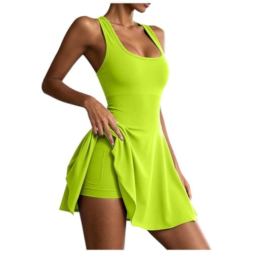 Image of Women's Golf Tennis Dress with Built-in Shorts and Bra, Sleeveless Athletic Workout Dress with Pockets, Sport Mini Skirt for Exercise, Tennis and Casual Outings Green