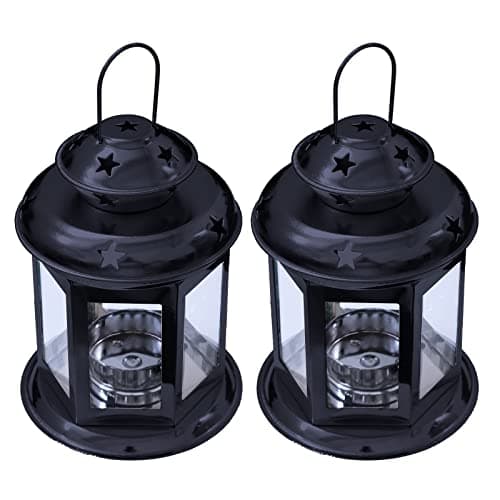 Image of Pair of European Design Antique Glass Hanging Candle Lanterns with Stars Metal Frame Candlestick Holder Night Lamp, Romantic Xmas Wedding Party Decoration Original Package (Black)