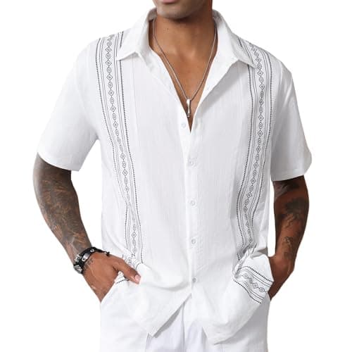 Image of CTU Mens Bowling Shirts Short Sleeve Vintage Printed Shirt Button Down Hawaiian Holiday Shirts for Men White XL