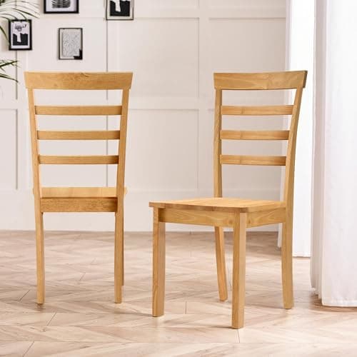 Image of Furniturebox UK 2x Whitby Stain Wooden Dining Chairs, Solid Rubberwood, Warm Stained Finish, Ladderback Design, Modern Meets Traditional Farmhouse Furniture Style, Pair of Kitchen Seats, Oak