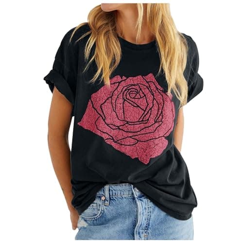 Image of T Shirt Women Rose Graphic Loose Fit Summer Short Sleeve Boyfriend Casual Crew Neck T-Shirt, black, M